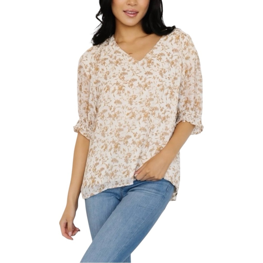 Baltic Born Sz Large Cream Tan Chiffon Overlay V Neck Sheer Sleeve Floral Blouse